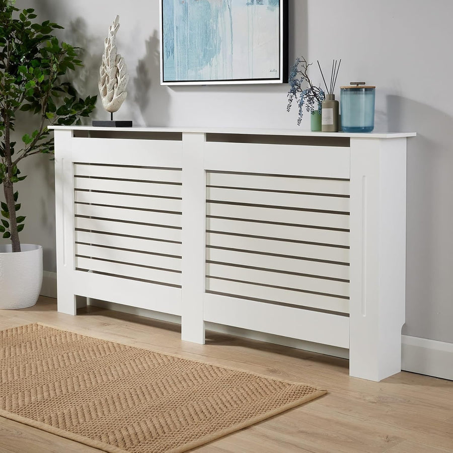 Extra Large White Radiator Cover Slatted Grill Wooden Cabinet 172x19x82cm Modern