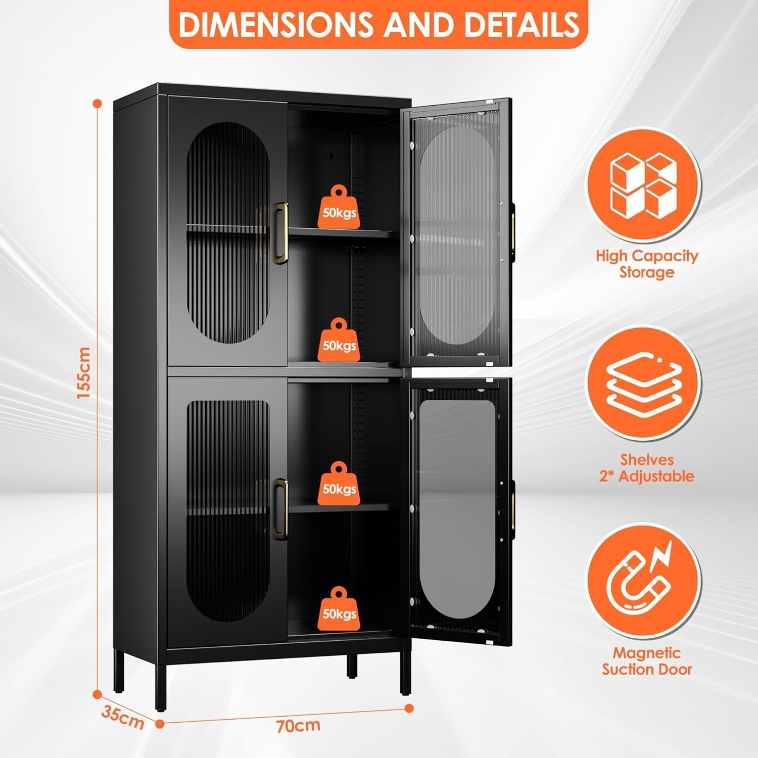 155cm Tall & Adjustable 4-Door Black Metal Office Storage Cabinet