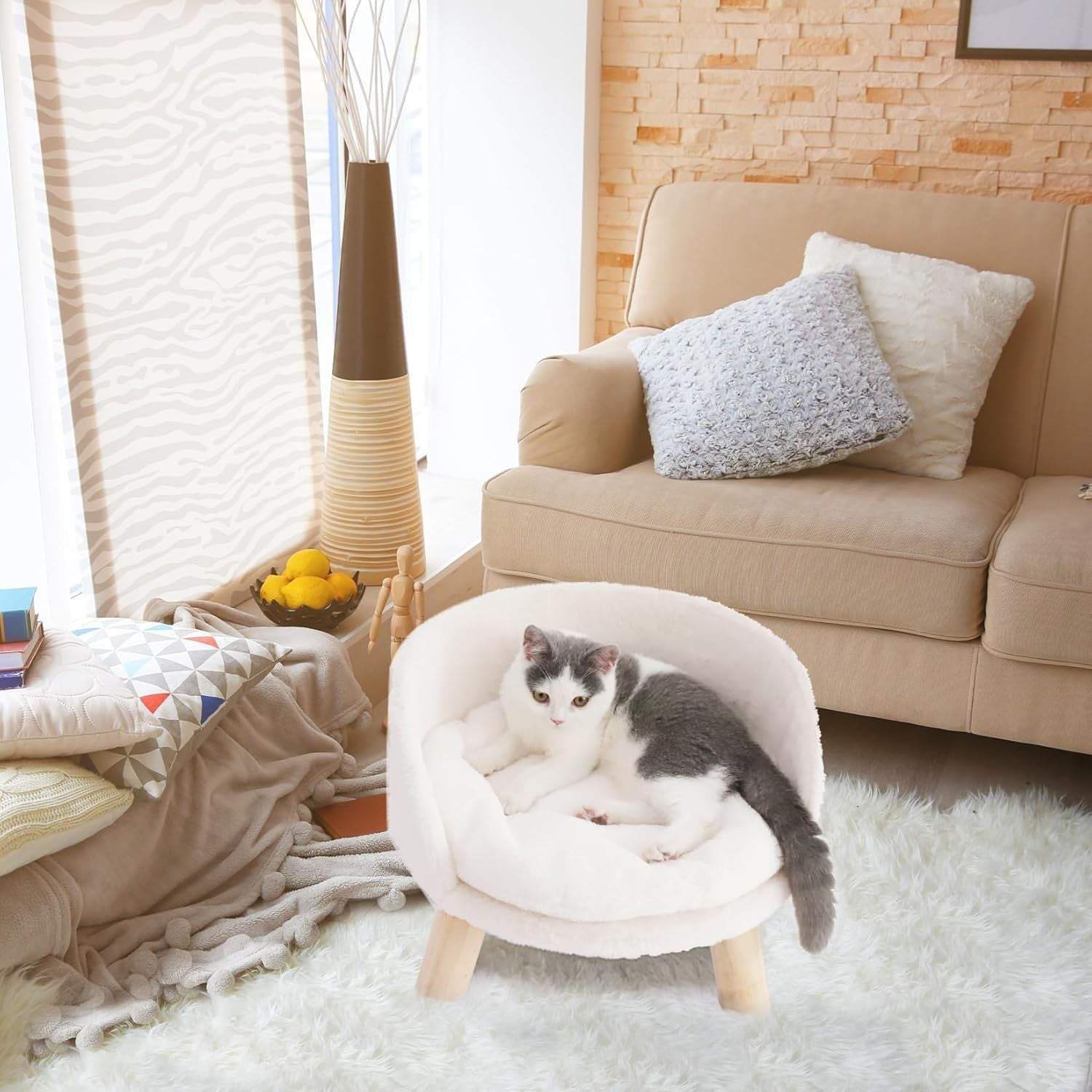 Elevated Cat Sofa Chair Bed Plush Pet Stool w Wooden Legs 40cm