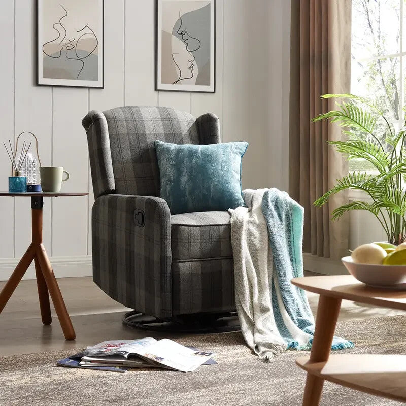 Recliner Armchair Grey Tartan Wingback Chair with Swivel & Footrest Sofa