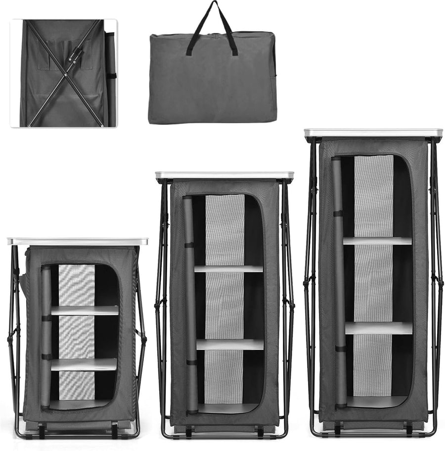 Portable Folding Camping Storage Cabinet with 3 Compartments & Side Pockets