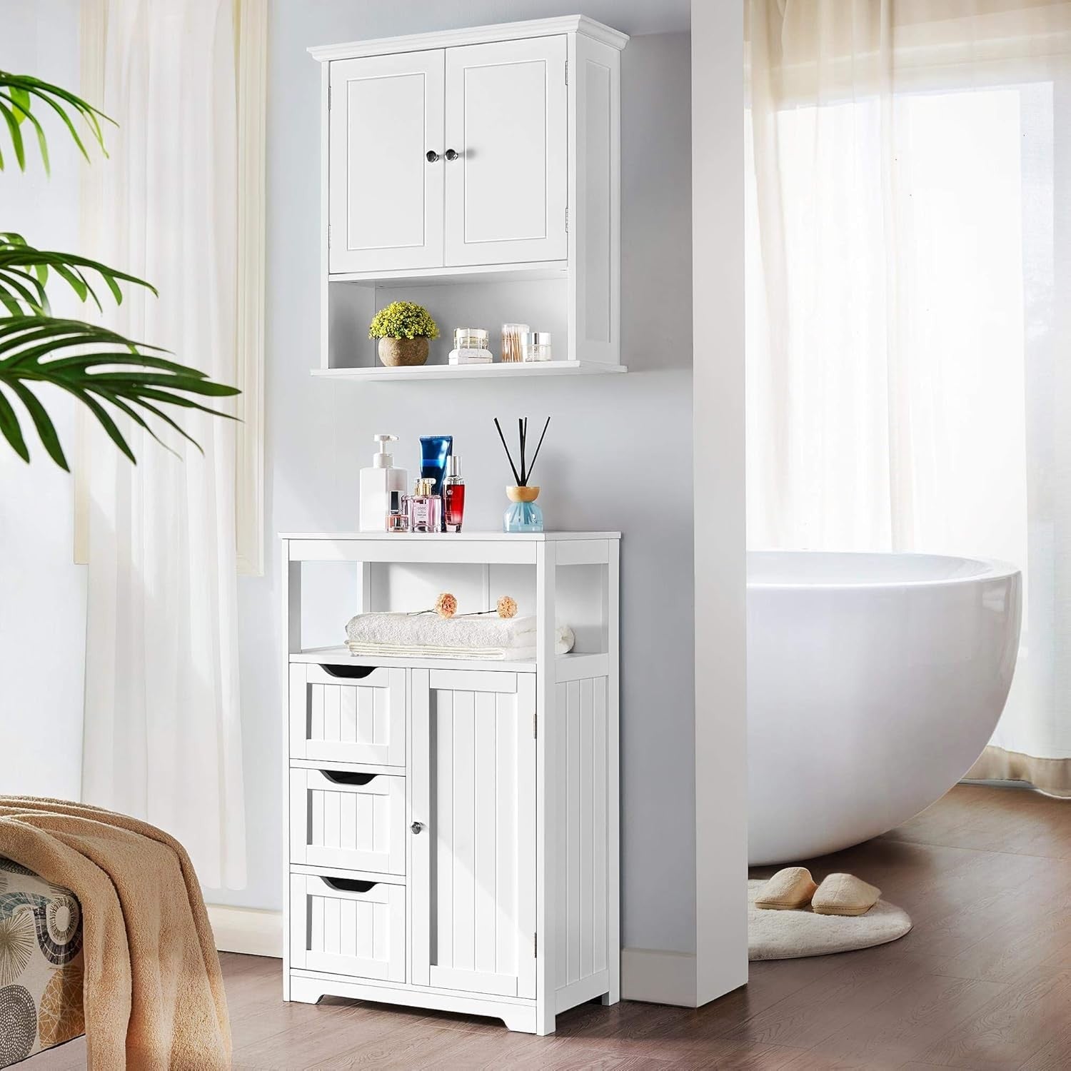 White Bathroom Storage Cabinet with 3 Drawers & Door Freestanding Unit