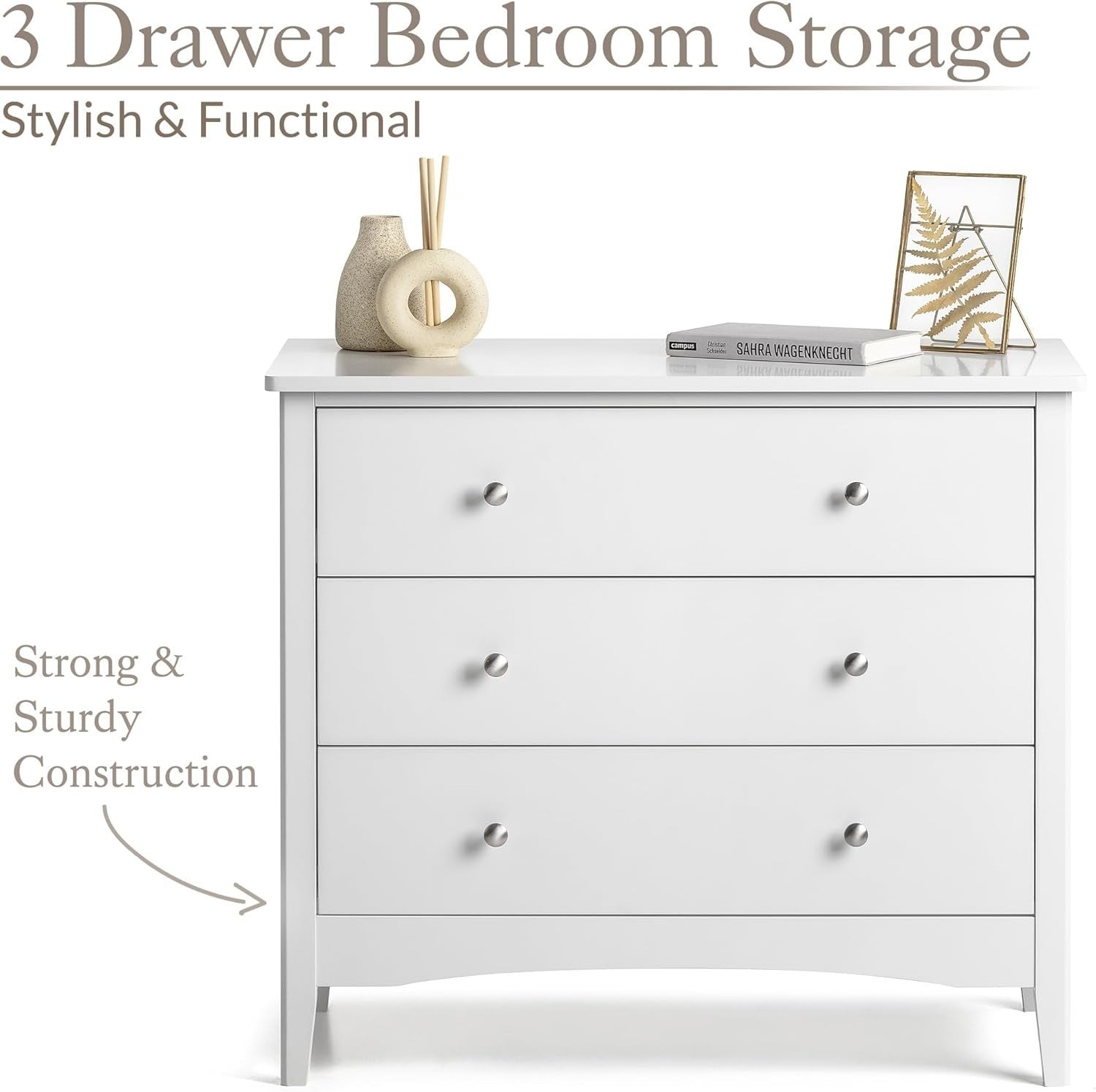 Modern White 3 Drawer Chest, MDF Storage Unit, Chrome Handles, 80cm Wide
