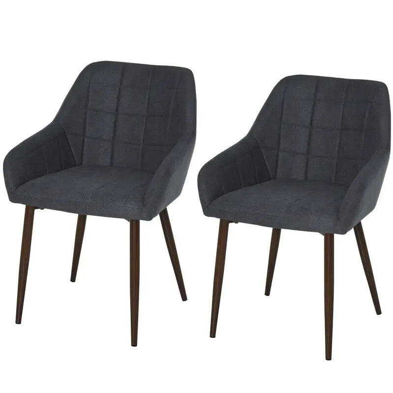2x Grey Dining Chairs Linen-Fabric Padded Armchairs Steel Legs Modern