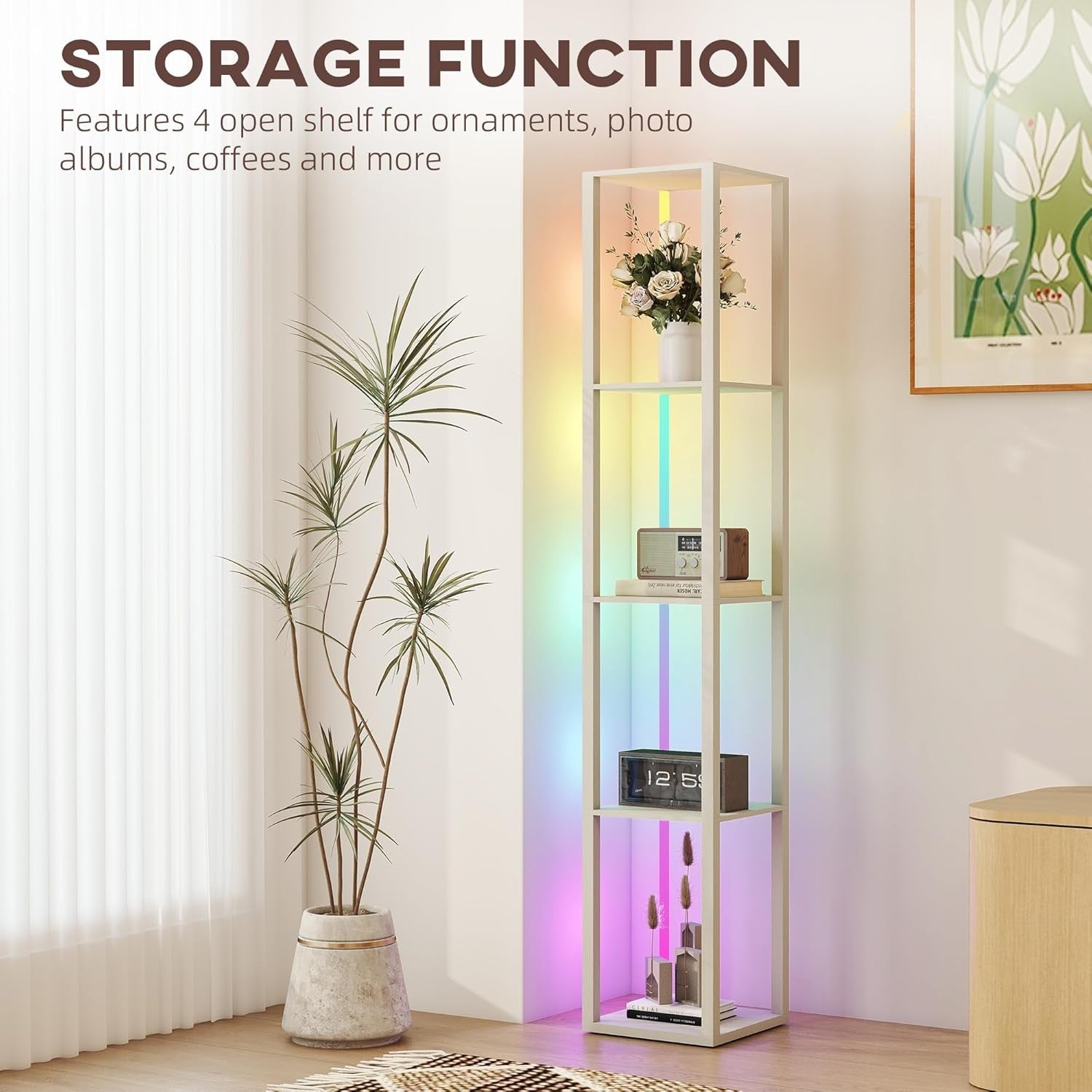 RGB LED Floor Lamp with Shelves Dimmable Remote Control Corner Light