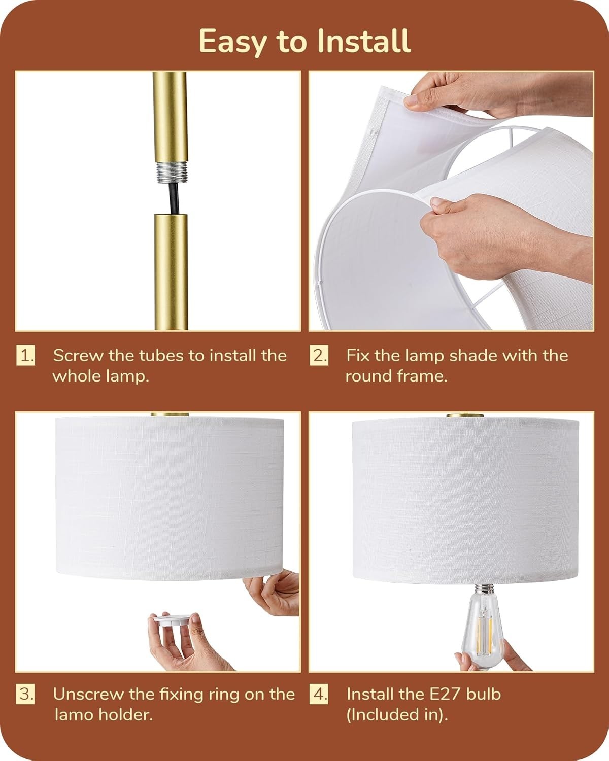 LED Floor Lamp 63in Adjustable Linen Shade Gold Metal Standing Light Modern