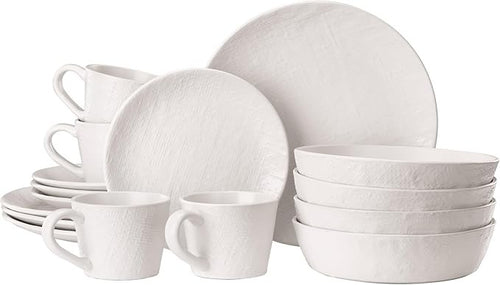16pc Stoneware Dinner Set for 4 White Plates Bowls Mugs Microwave Safe