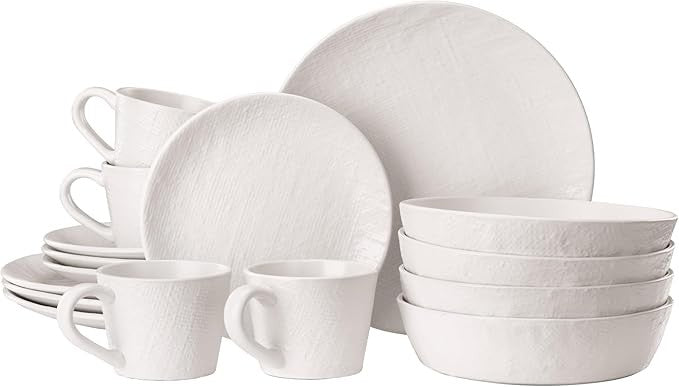 16pc Stoneware Dinner Set for 4 White Plates Bowls Mugs Microwave Safe