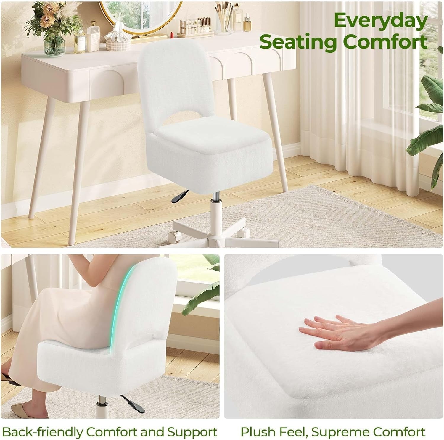 White Furry Vanity Chair Large with 13.5L Storage Swivel Adjustable Height