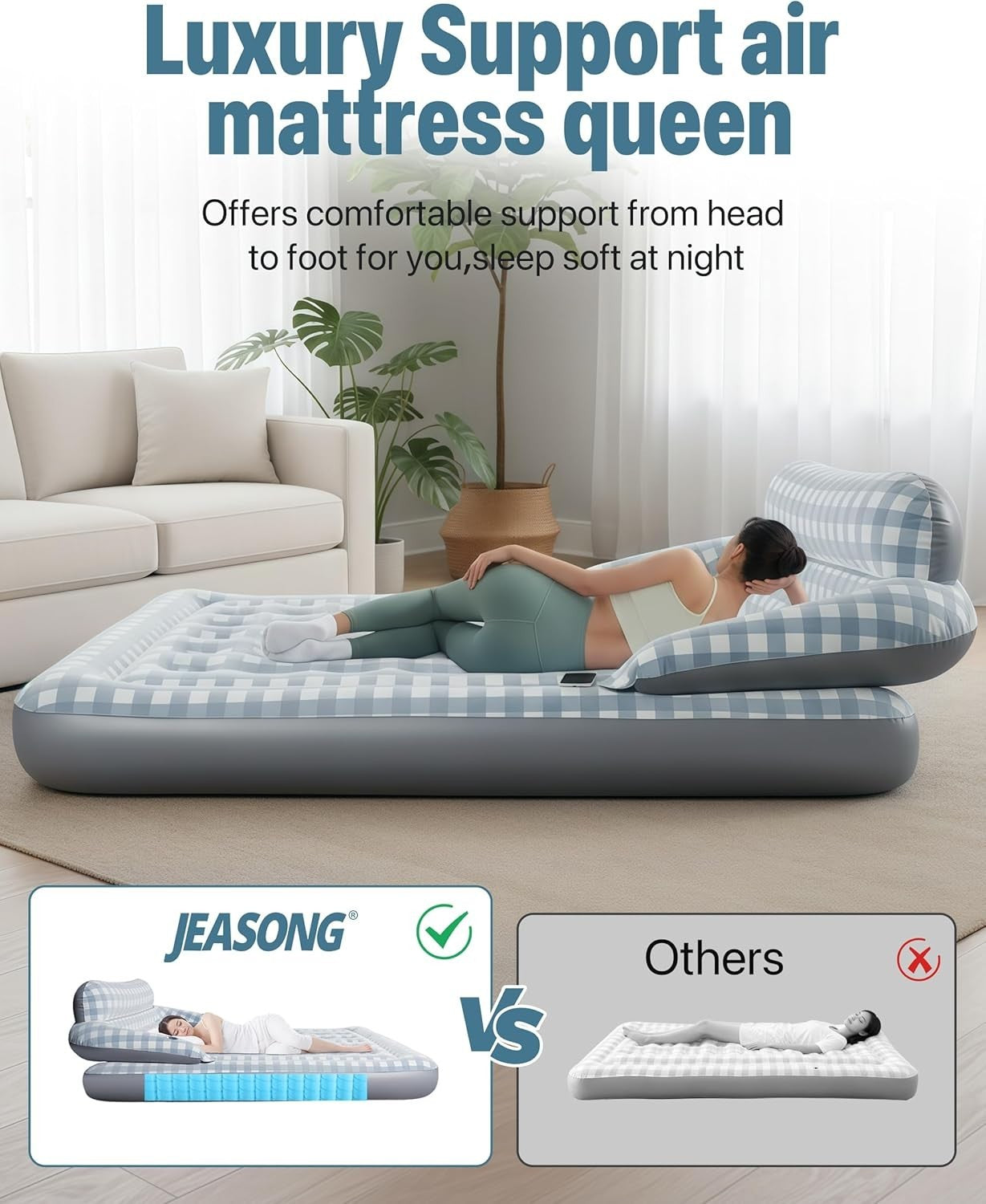 King Inflatable Air Bed with Headboard Pump Flocked Top Camping Guest