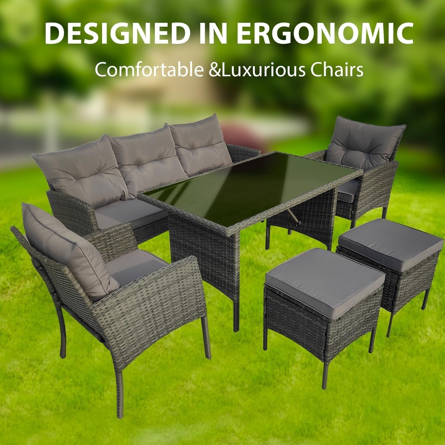 6 Seater Rattan Garden Furniture Set with Cushions Grey Outdoor Sofa Table