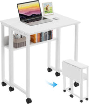 Folding Computer Desk on Wheels with Storage Shelf Space Saving White 63cm