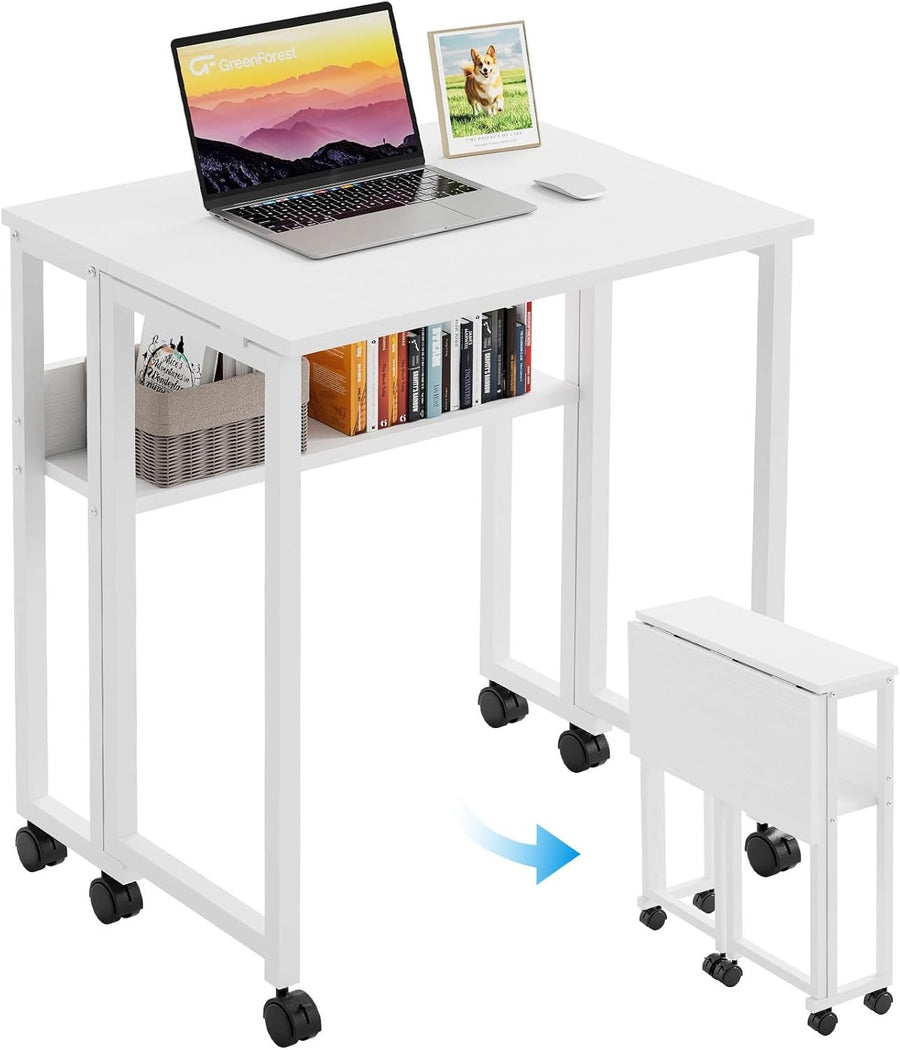 Folding Computer Desk on Wheels with Storage Shelf Space Saving White 63cm