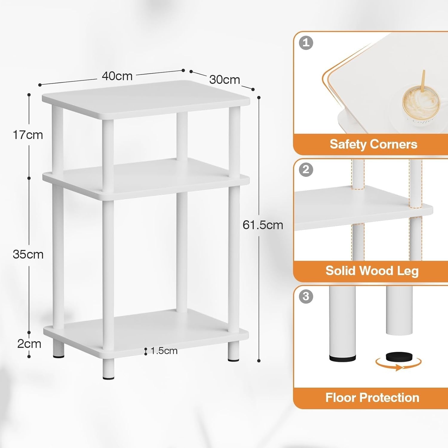 White 3-Tier Slim Side Table with Storage Shelf – Bedside End Table
