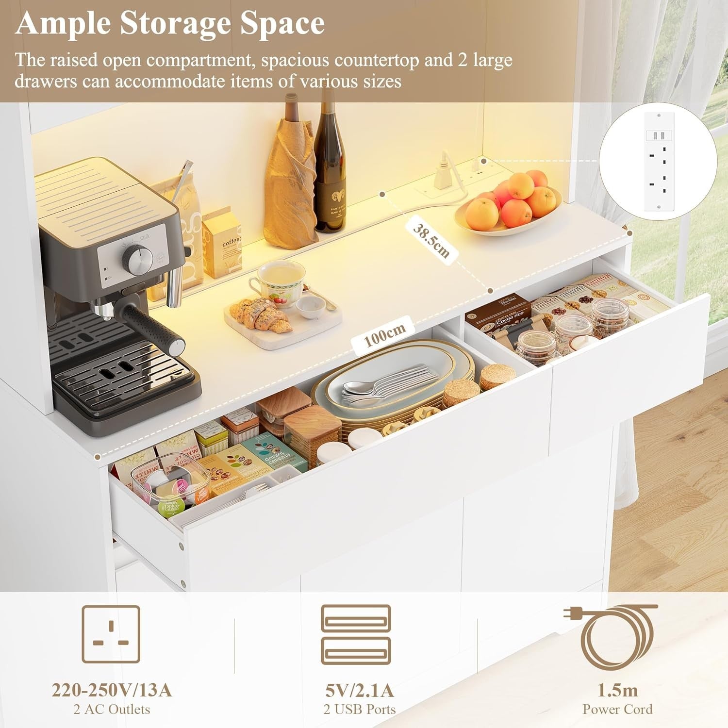 White 180cm Tall Kitchen Cupboard 6 Doors 2 Drawers LED & Power Outlet