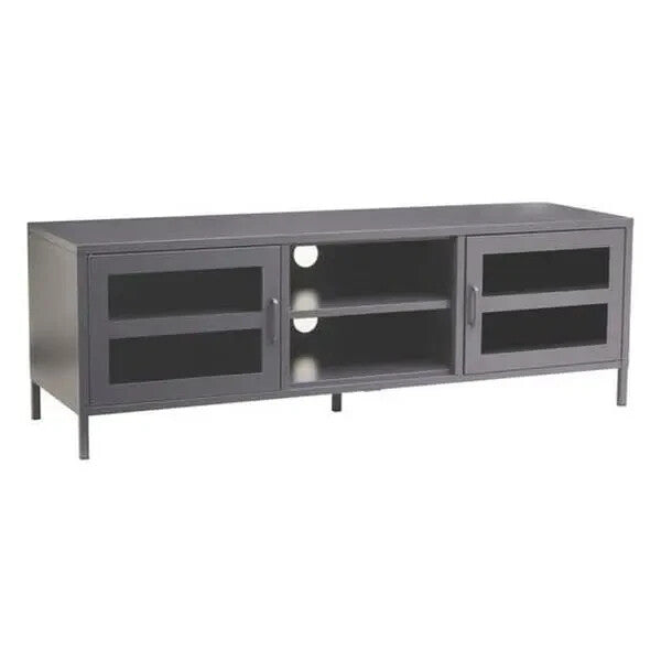 Grey Metal TV Stand with Glass Doors – Industrial Media Console Cabinet