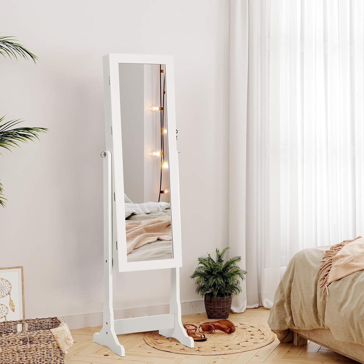 LED Full Length Mirror Jewelry Cabinet Lockable Standing Organizer White