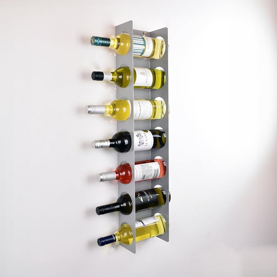 Wall Mounted Vertical Wine Rack 7 Bottle Holder Space Saving Modern Grey Steel