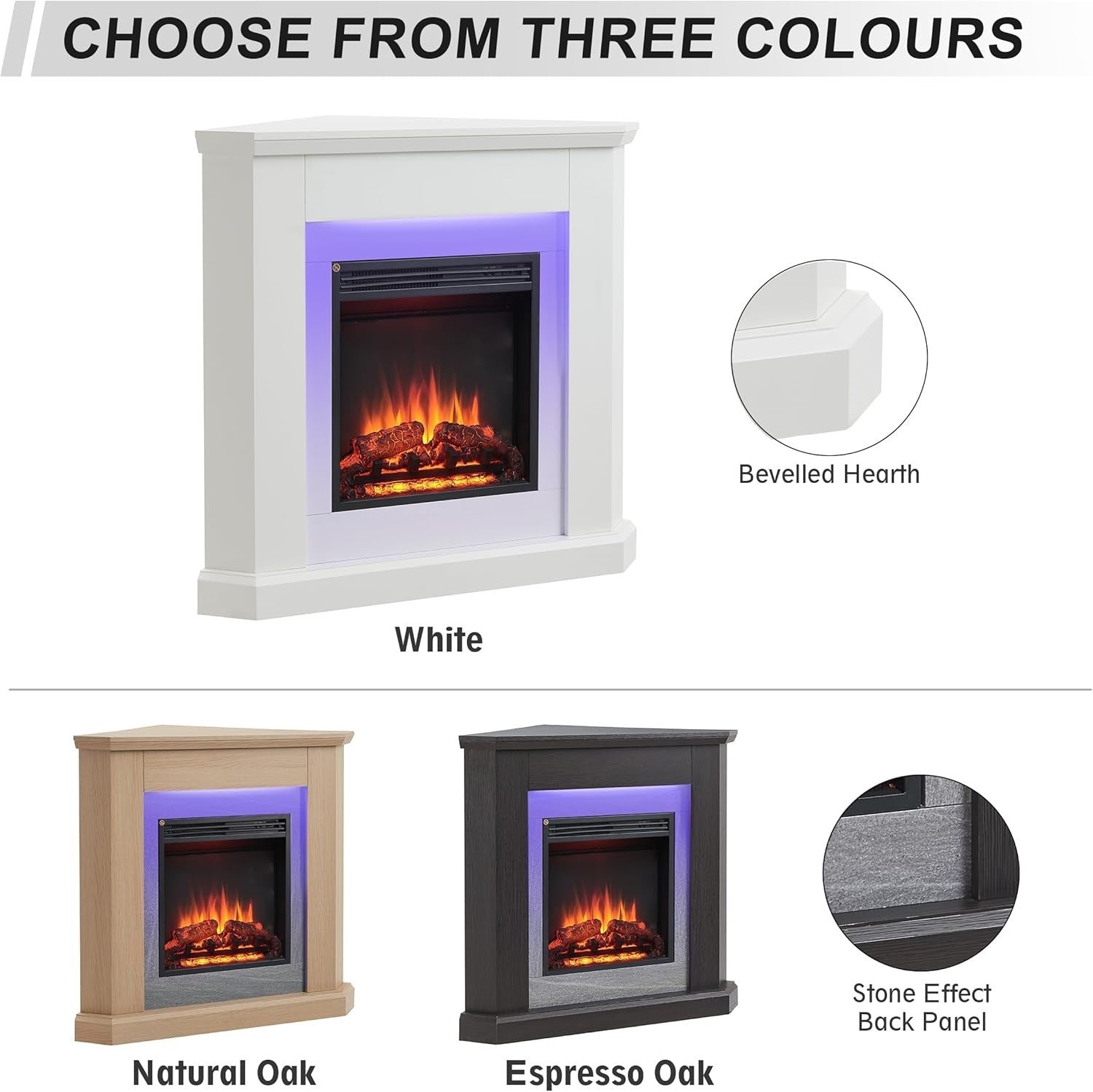 🔥 38” Corner Electric Fireplace Suite White LED Mood Light 2kW Heater