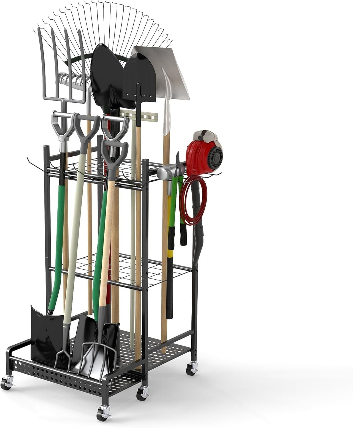 3-Tier Rolling Garden Tool Tower 30 Slots 9 Hooks Heavy Duty Storage Rack