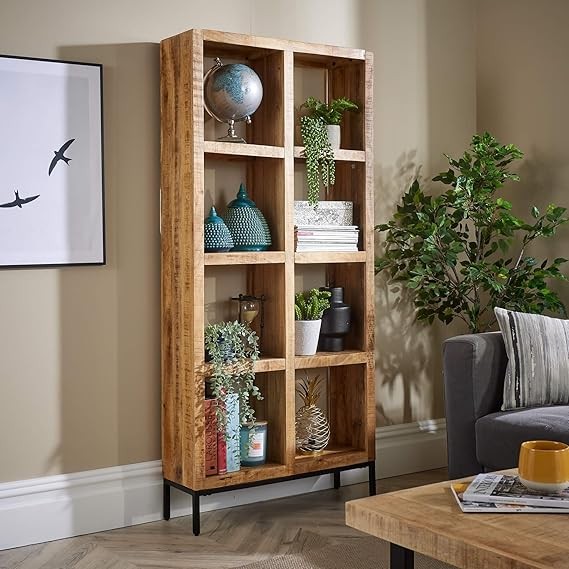 Tall Mango Wood 8 Shelf Bookcase Storage Unit Rustic Industrial Metal Legs