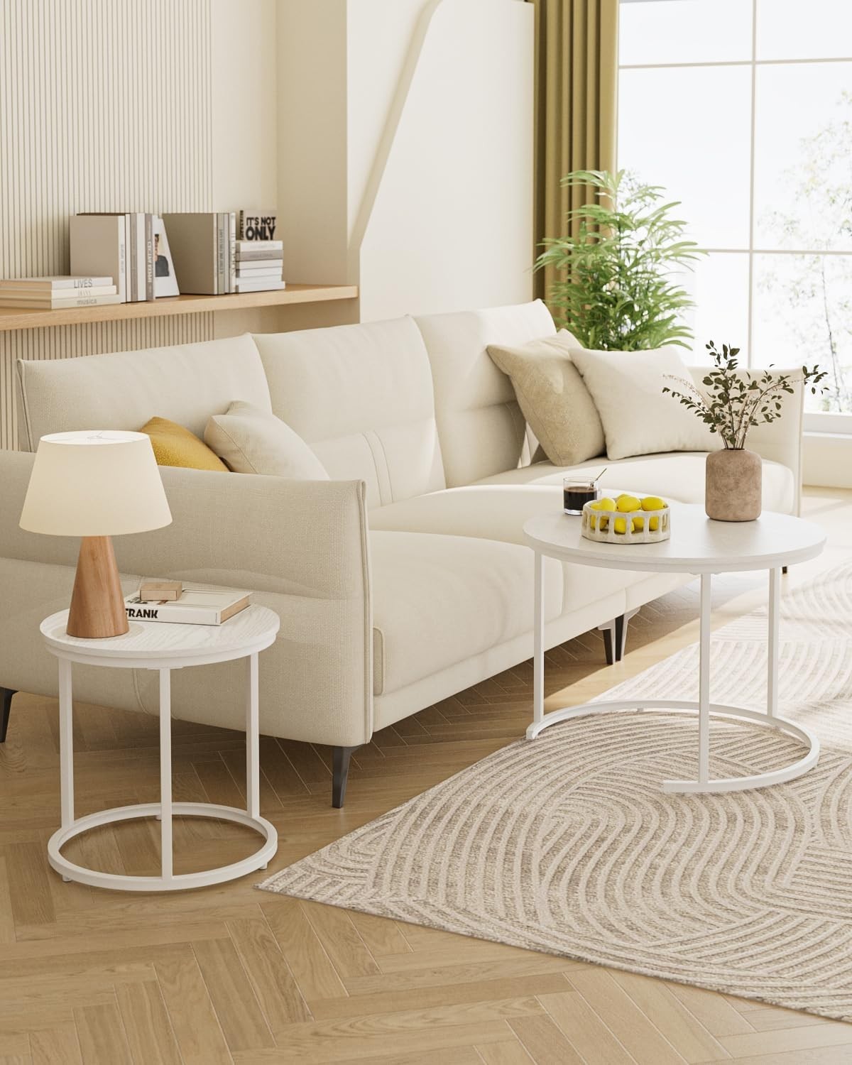 Round Nesting Coffee Tables Set of 2 – Grey Top Black Frame, Space- White.