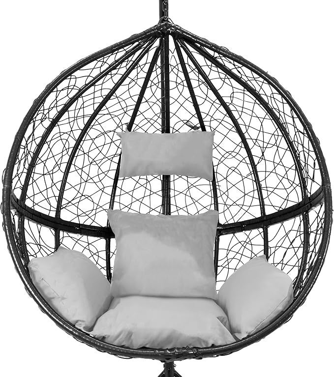 Hanging Egg Chairs x2 Black Rattan Swing with Cushions Indoor Outdoor Patio