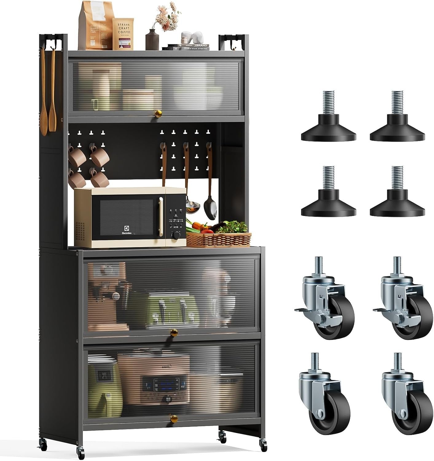5-Tier Kitchen Storage Cabinet with Flip Door & Wheels Grey | 80x40x162cm