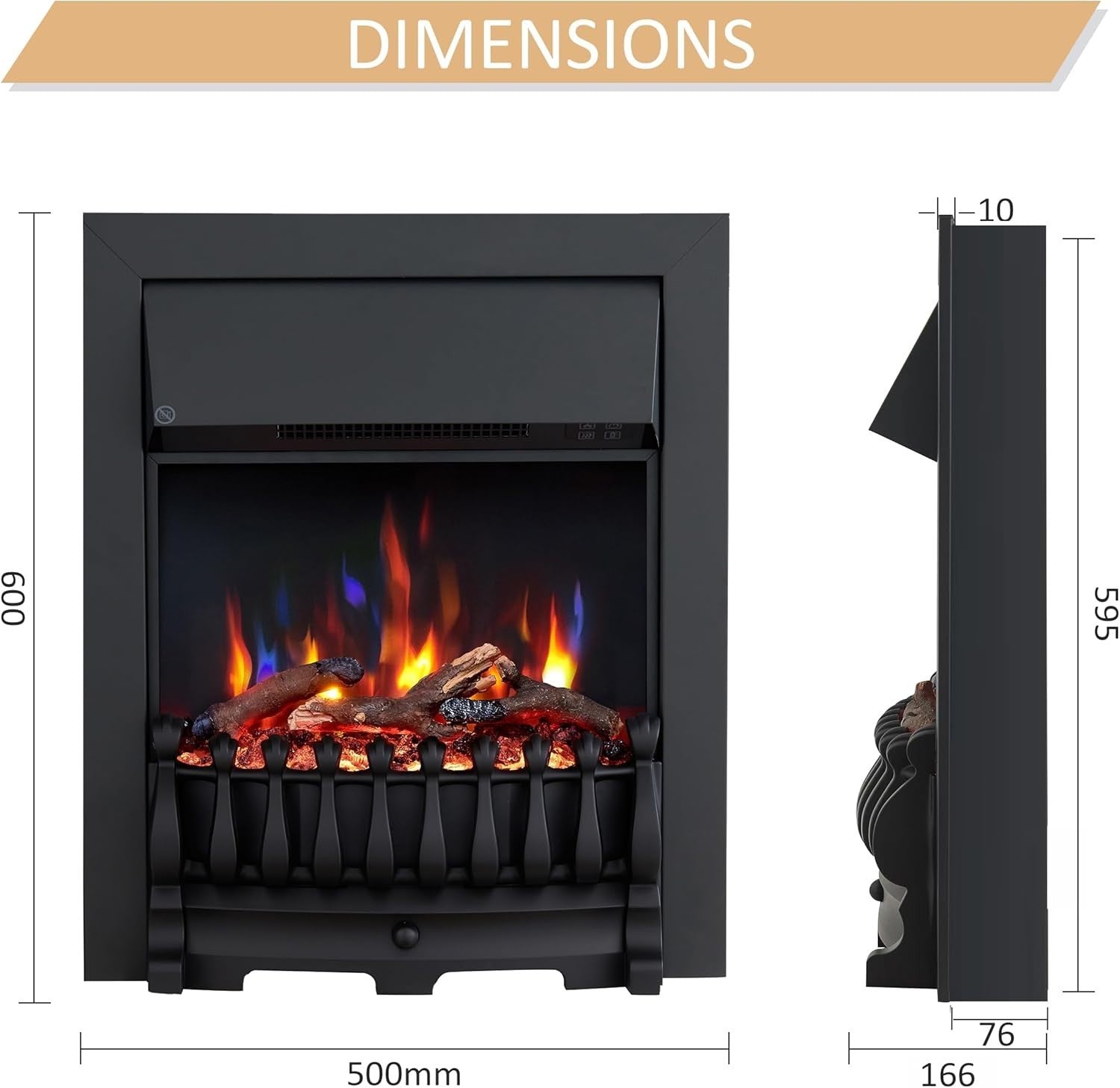 16" Electric Fireplace Insert Heater Polished Brass 2000W 9 Flame Effects