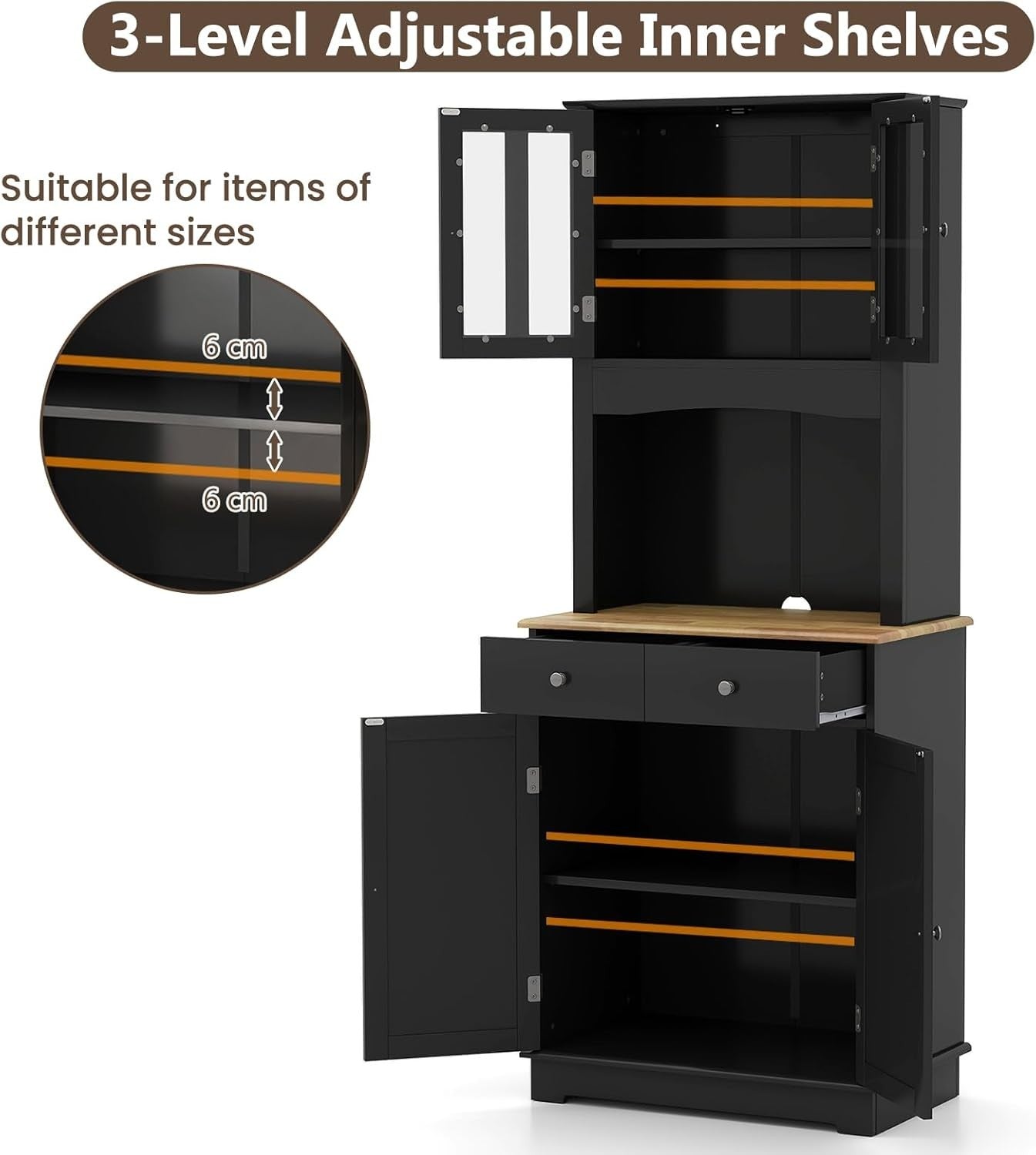 Black 170cm Tall Kitchen Cupboard 4-Door 4-Drawer Adjustable Shelves