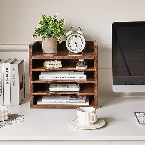 5 Tier Wooden Desk File Organiser A4 Paper Tray Magazine Holder