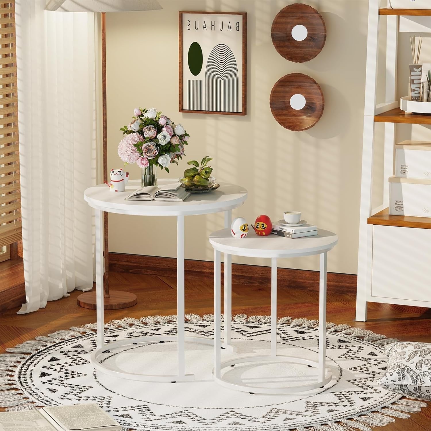 Nesting Coffee Tables Set of 2 Round White Marble Top Metal Frame Living Room
