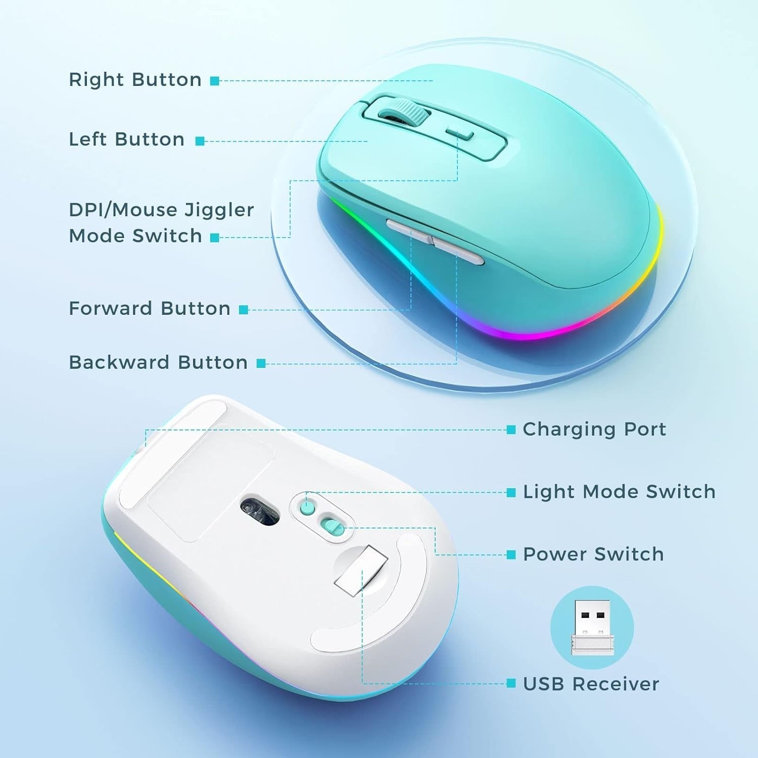 LED Wireless Mouse Rechargeable Silent USB Jiggler Green RGB