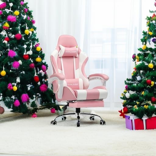 Ergonomic Gaming Chair Massage Lumbar Footrest Pink Recliner