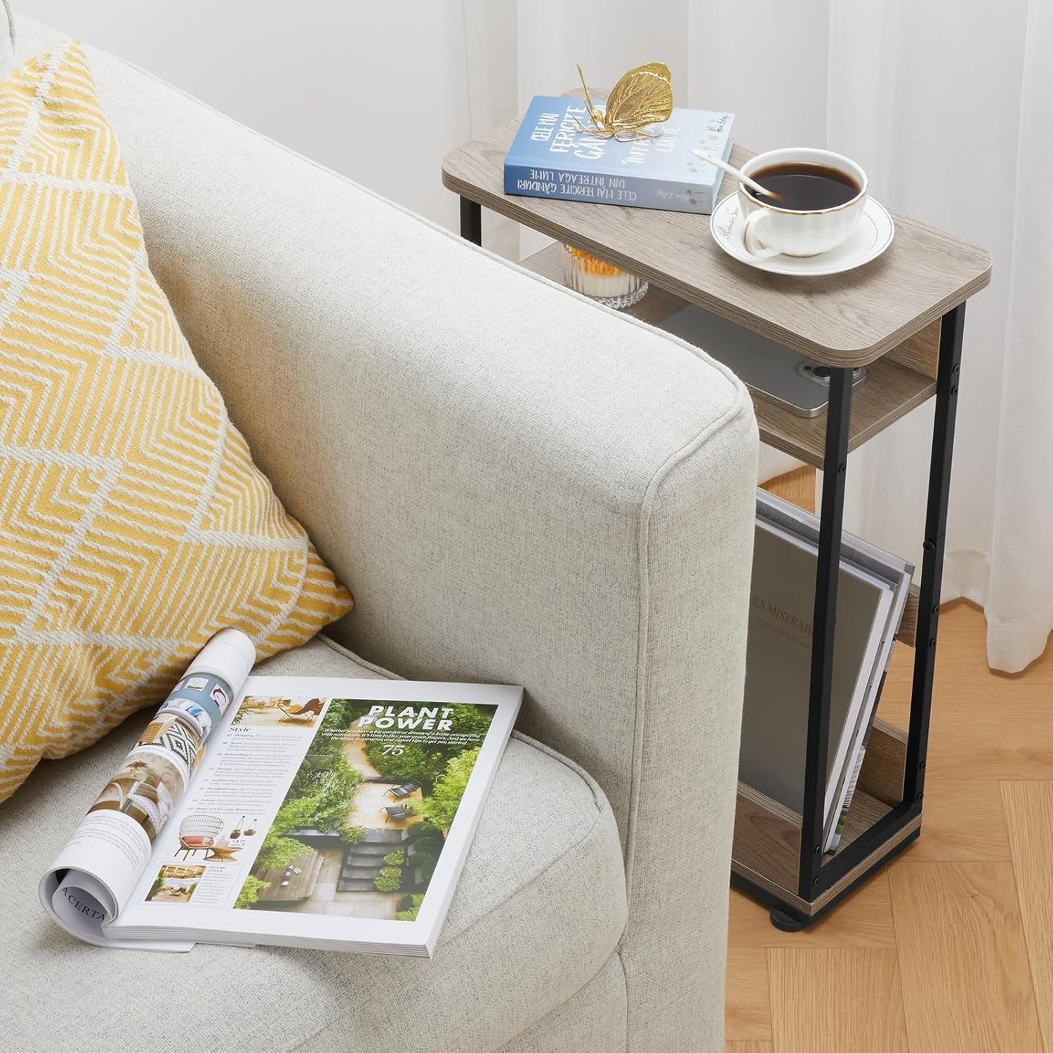 Slim Oak Side Table for Small Spaces – 3-Tier Narrow Bedside & Sofa Unit
