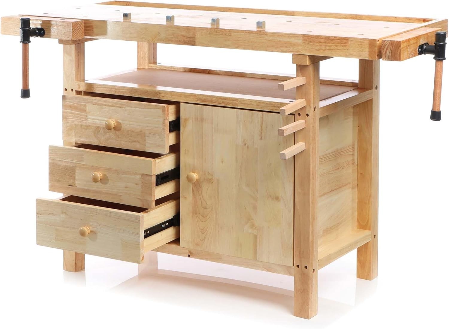 Wooden Planing Bench 126x50x84cm Workbench w/ Vices Hooks Drawers Storage
