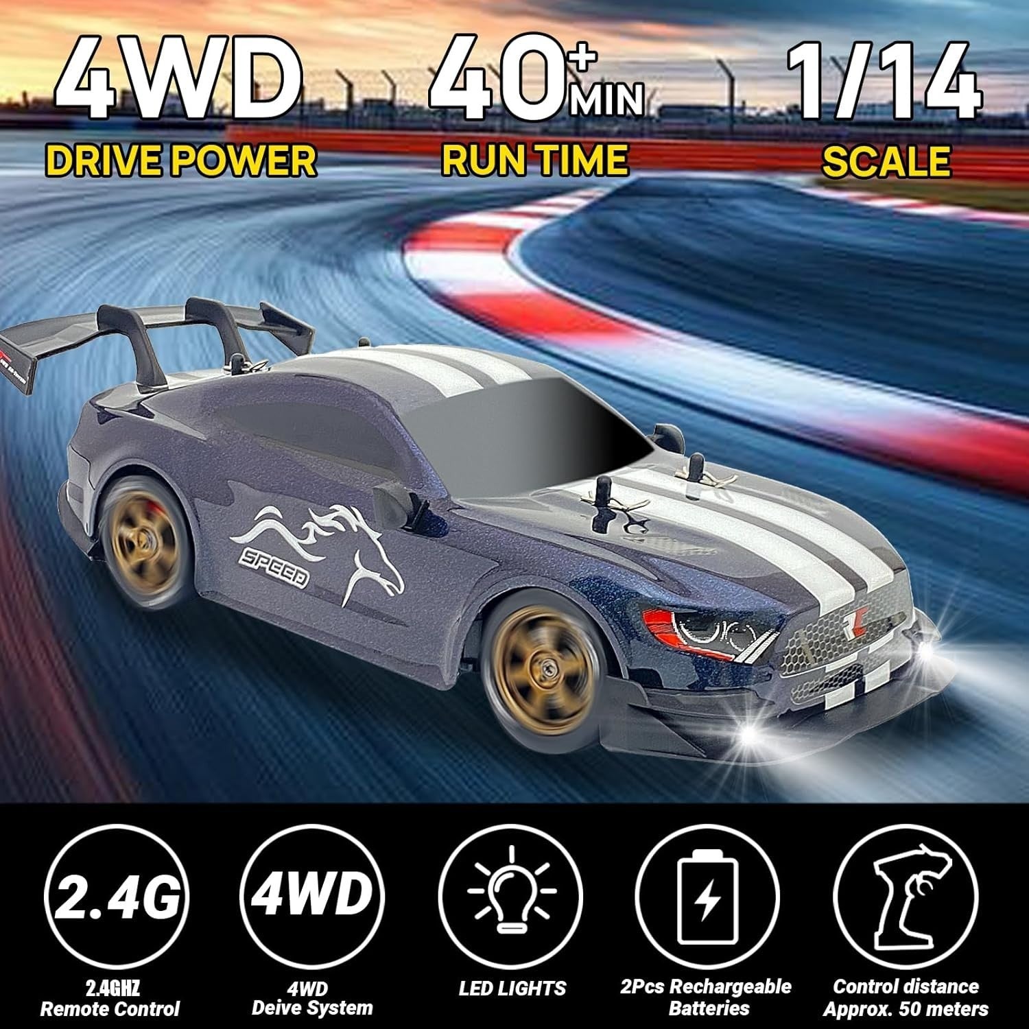 1:14 Full Proportional 4WD RC Drift Car GT High Speed w/ Extra Tires LED