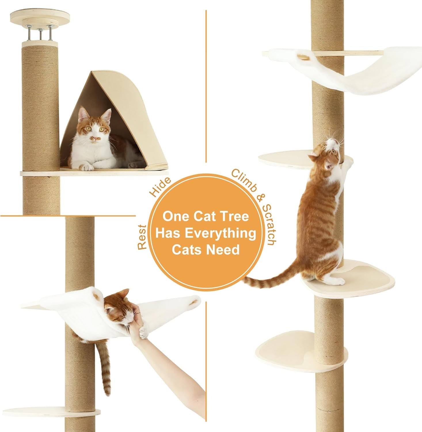 Floor to Ceiling Cat Tree Tower 6 Level Adjustable Scratching Post Hammock