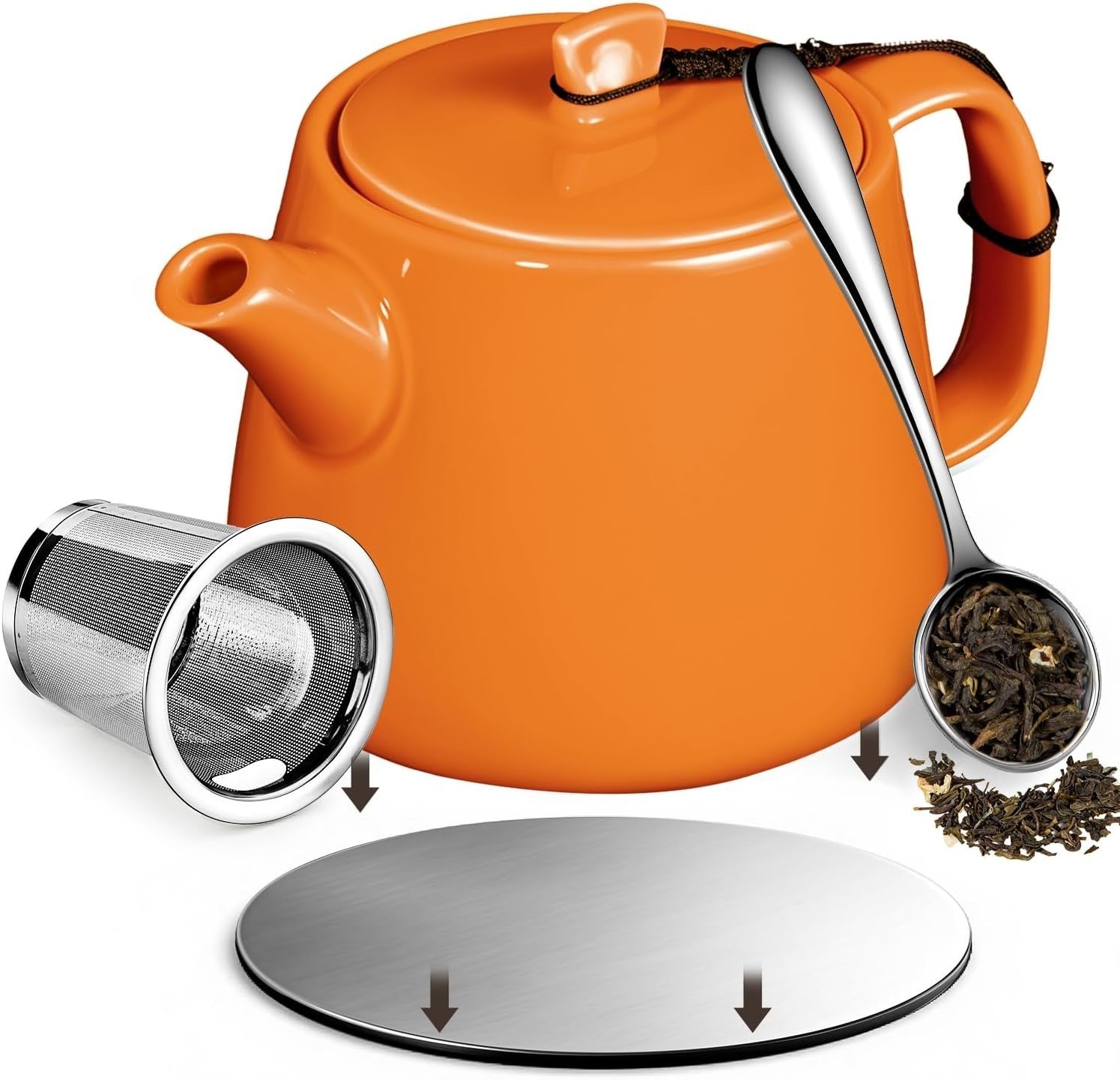 600ml Porcelain Teapot with Infuser Orange Tea Pot Strainer & Coaster