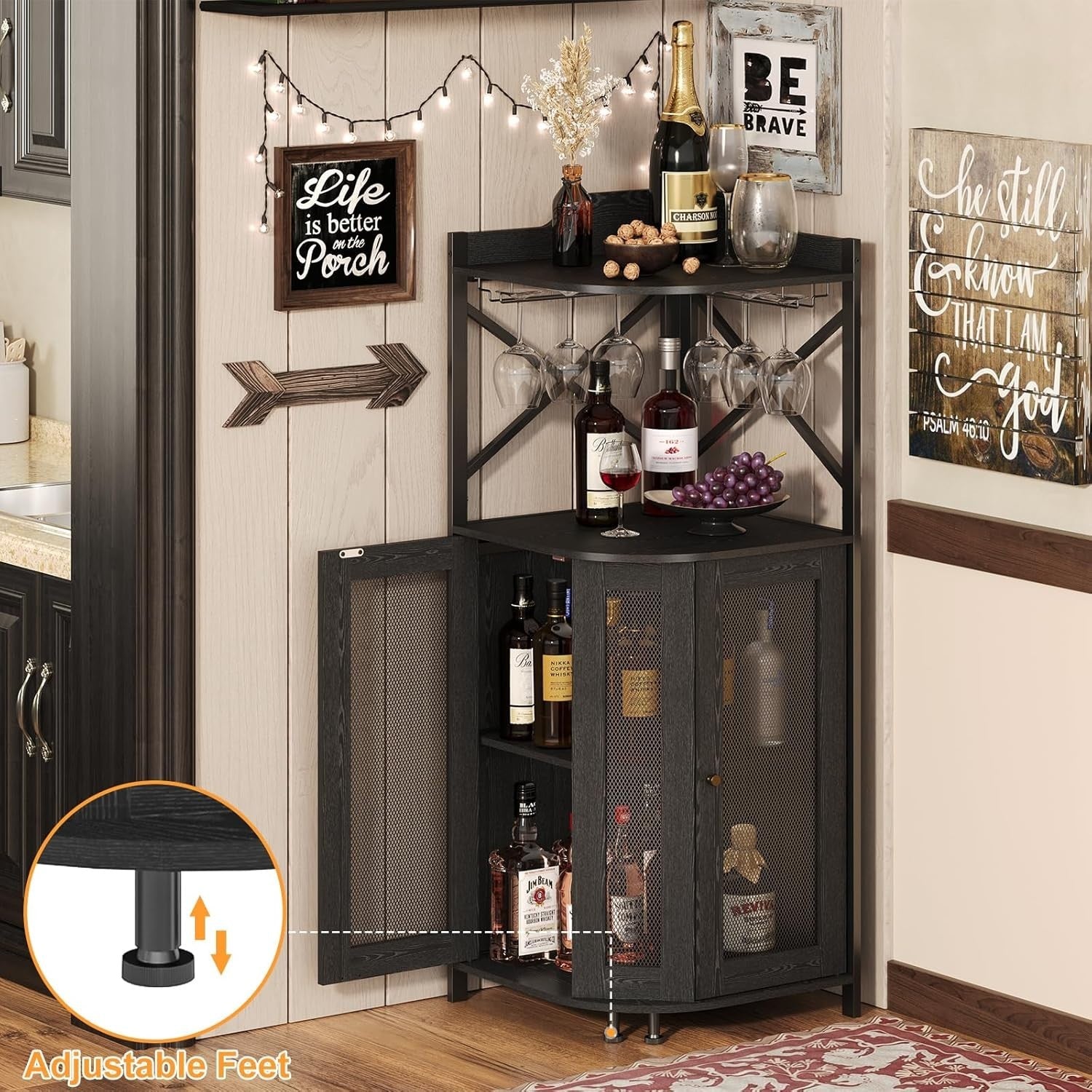 Corner Bar Cabinet with Wine Rack, Glass Holder & Storage Shelves – Black