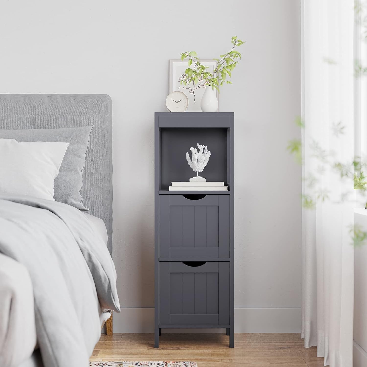 Tall Slate Grey Bathroom Cabinet – 2 Drawers + Open Shelf Modern Storage Unit
