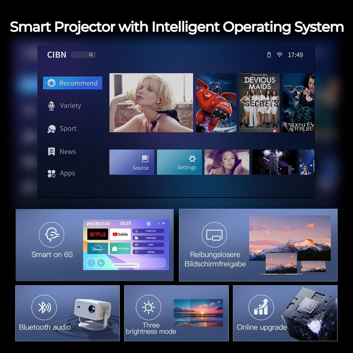 600 ANSI Smart Projector 1080P 4K Android TV WiFi 6 Bluetooth