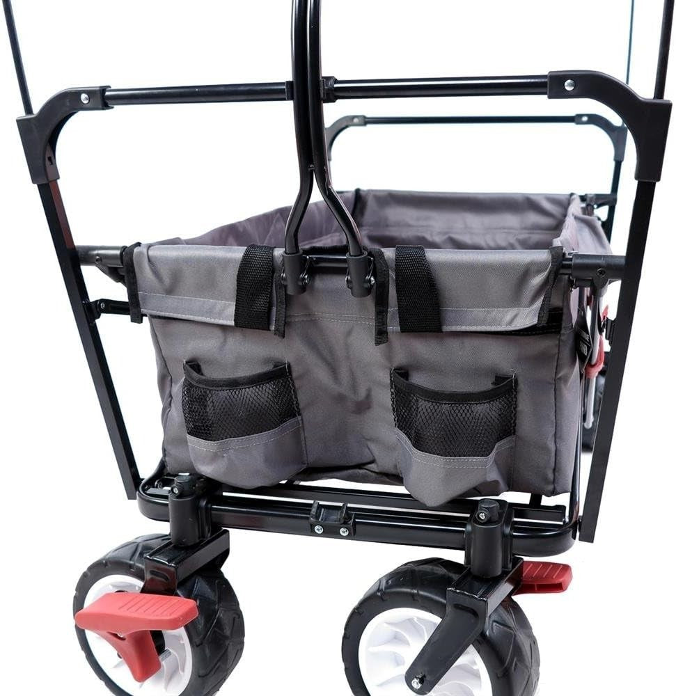 Grey Folding Wagon w/ Canopy Compact Pull Cart Garden Trolley w/ Rear Bag