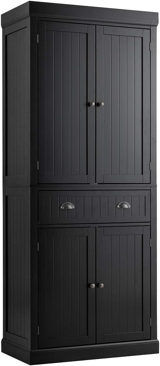 Tall Black Kitchen Cupboard 4 Door Storage Cabinet with Drawer & Shelves