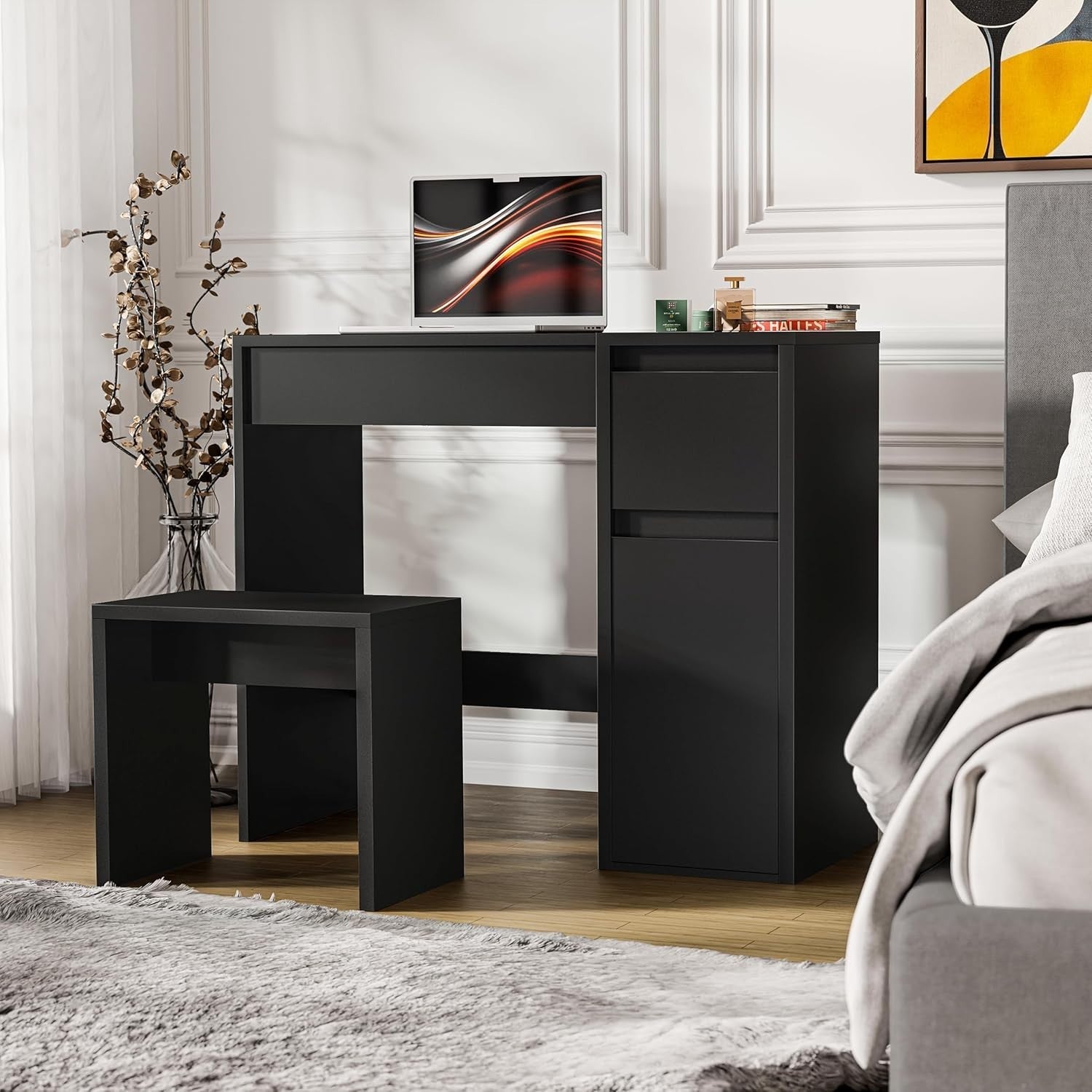 2-in-1 Black Dressing Table Flip Top Mirror Vanity Desk Makeup Storage 81cm