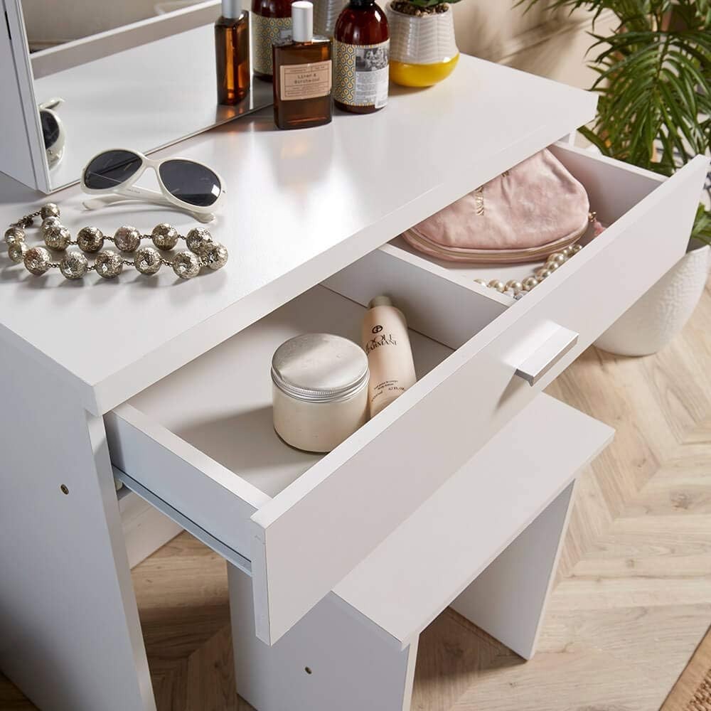 White Modern Dressing Table Set Mirror Stool Storage Makeup Vanity Desk