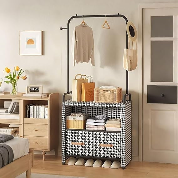 Patterned Freestanding Wardrobe with Drawers & Dust Cover – Modern Bedroom