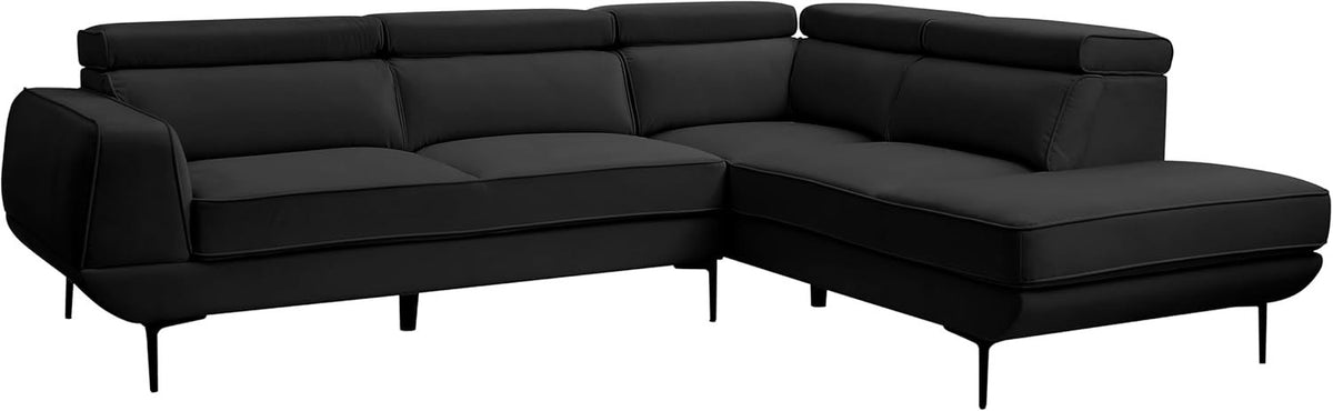 5 Seater L-Shaped Velvet Sofa in Black with Adjustable Headrests & Metal Legs