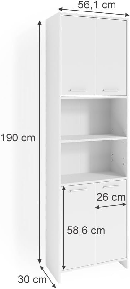 White Bathroom Storage Cabinet with Adjustable Shelves & Doors – 56x190 cm