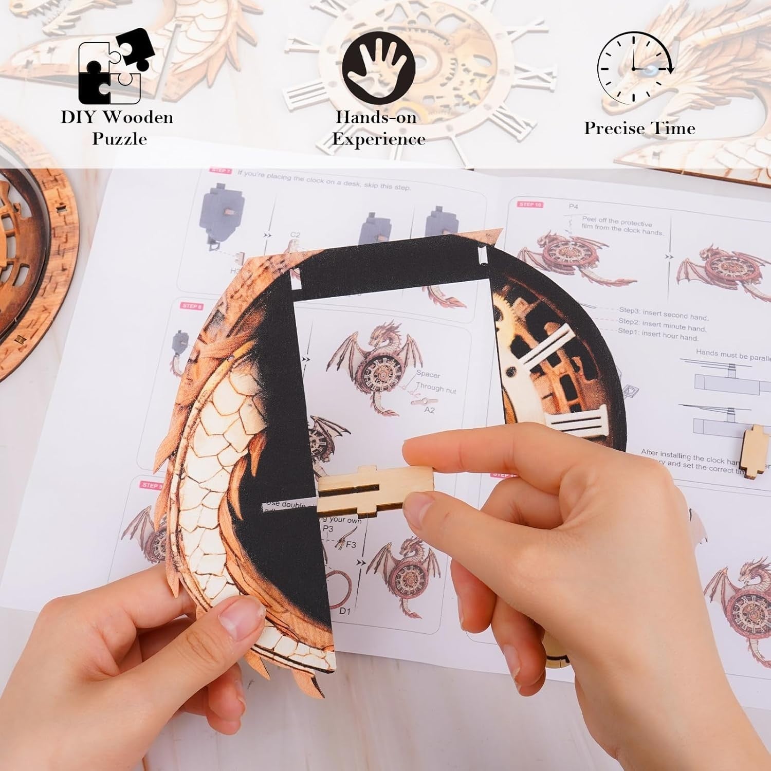 3D Dragon Clock Puzzle Wooden Wall Art Timepiece DIY Decor Gift